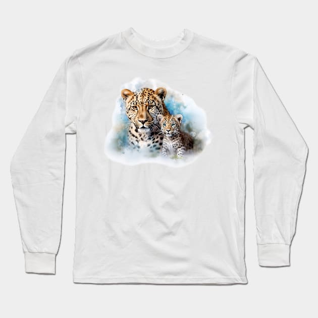 Mother and Baby Leopard Cub Long Sleeve T-Shirt by Geminiartstudio